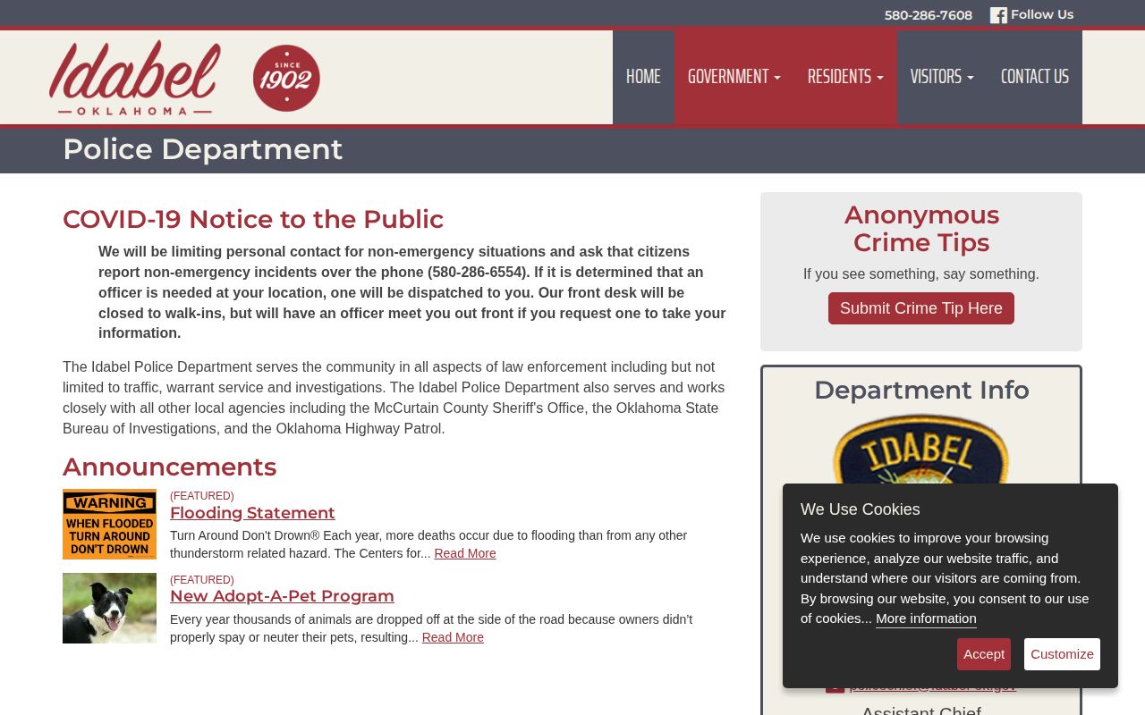 Idabel Police Department contact page for McCurtain County arrest record requests